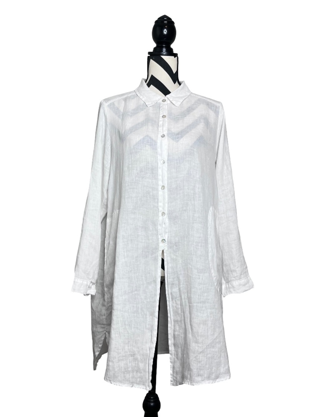Pure Match 100% Linen Lagenlook Coastal Beachy Sz L Button Down Front Tunic
